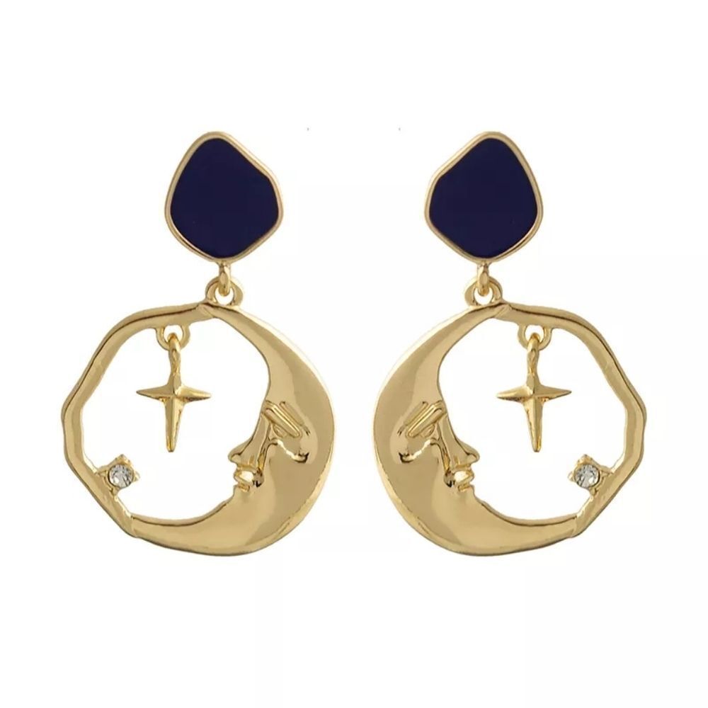 Moon Cross Blue Enamel Stone Crystal Gold Drop Statement Earrings